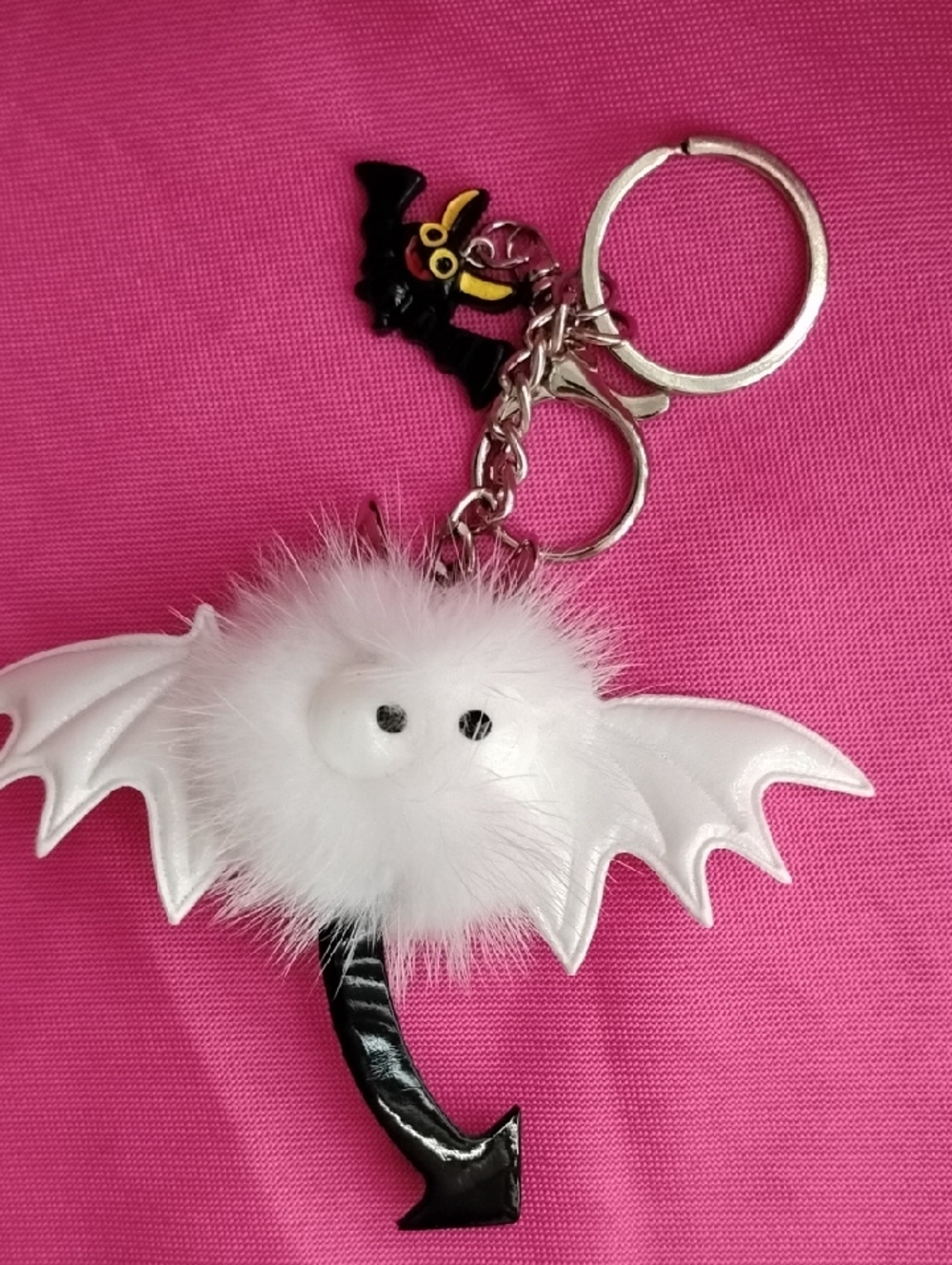 White Furry Bat Keychain Charm with Mini Bat Accent - Picture 9 of 9